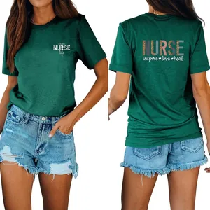 T-Shirt Femmes Mélange Coton Ample Col Rond Manches Courtes Nurse Life Imprimé Léopard Graphique Streetwear