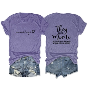 Detail of Mimi Life printed purple t-shirt and distressed denim shorts casual set