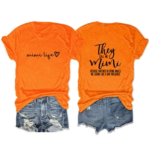 Front and back detail of orange cotton t-shirt with Mimi Life print and denim shorts