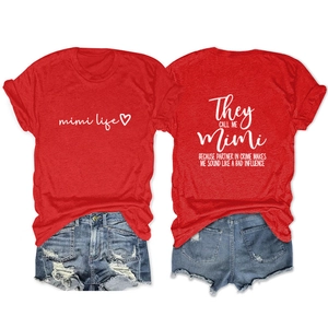 Front and back views of red Mimi Life cotton T-shirt with blue distressed denim shorts