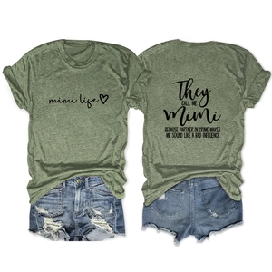 Front and back view of olive green Mimi T-shirt paired with denim shorts set