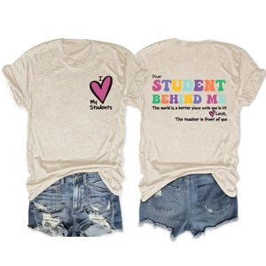 T-shirt col rond couleur avoine avec imprimé enseignant, vues de face et de dos