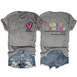 Vue avant et arrière du t-shirt gris pour enseignant avec texte I Love My Students