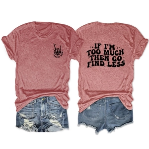 Detail view of pink slogan t-shirt with Sassy Mom print and Find Less back design