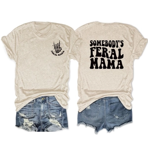 Front and back detail of Feral Mama print t-shirt with distressed denim shorts set