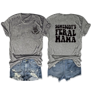 Detail view of Somebody's Feral Mama print on grey t-shirt with skeleton hand graphics