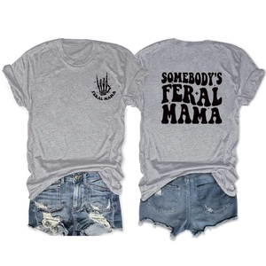 Front and back views of a gray Feral Mama T-shirt with vintage prints and denim shorts
