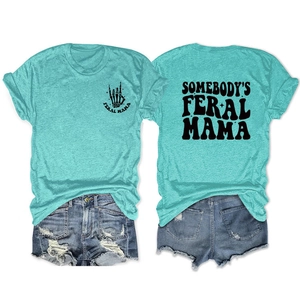Flat lay of Feral Mama turquoise t-shirt and distressed denim shorts showing front and back