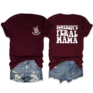 Front and back detail of wine red Feral Mama T-shirt with white graphic prints