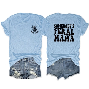 Front and back detail of light blue Feral Mama t-shirt with vintage graphic print
