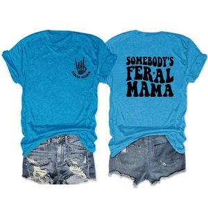 Front and back detail of sky blue Feral Mama graphic T-shirt with denim shorts set