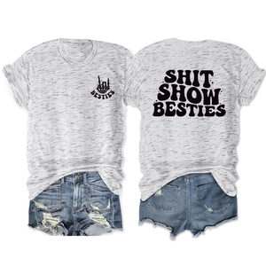 Front and back view of heather grey T-shirt with SHIT SHOW BESTIES print and denim shorts