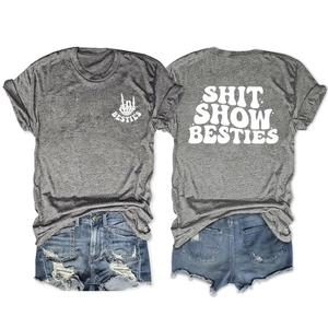 Front and back view of grey cotton T-shirt with SHIT SHOW BESTIES print and denim shorts