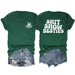 Detailed front and back views of dark green street style t-shirt with Besties prints