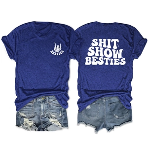 Detail view of cotton T-shirt with Shit Show Besties back print and denim shorts set