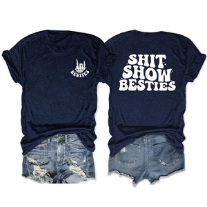 Front and back view of navy blue T-shirt with SHIT SHOW BESTIES print and denim shorts