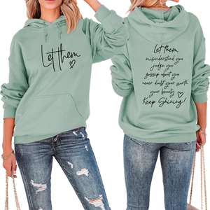Front and back view of sage green hoodie with Let Them heart print and long sleeves