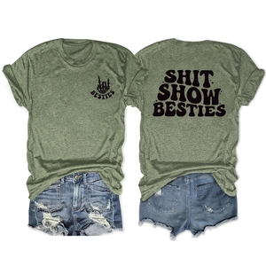 Olive green Shit Show Besties t-shirt set with distressed denim shorts on white background