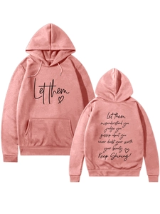Front and back view of pink hoodie with kangaroo pocket and let them heart print
