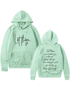 Detail of mint green hoodie featuring front kangaroo pocket and Let Them heart print
