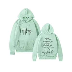 Light green hoodie with Let Them print, front and back views on white background