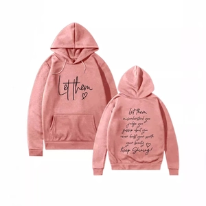 Pink hooded sweatshirt with kangaroo pocket and black inspirational print on both sides