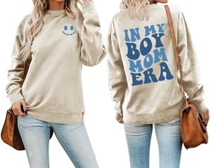 Front and back detail of cream boy mom sweatshirt with blue typography print