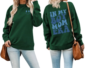 Front and back view of dark green boy mom sweatshirt with blue smiley face and artistic print