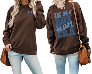 Detailed front and back views of a brown sweatshirt with blue 'Boy Mom Era' letter prints