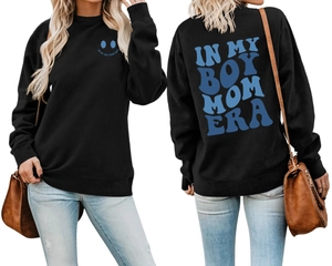 Detailed back and front views of black boy mom era sweatshirt with blue artistic typography