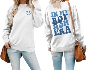 Front and back view of white Boy Mom Era sweatshirt with blue graphics and ribbed cuffs