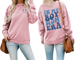 Front and back view of pink cotton sweatshirt with blue In My Boy Mom Era prints