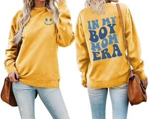 Detailed front and back view of yellow sweatshirt with In My Boy Mom Era slogan print