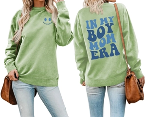 Detailed front and back views of sage green pullover sweatshirt with Boy Mom Era print