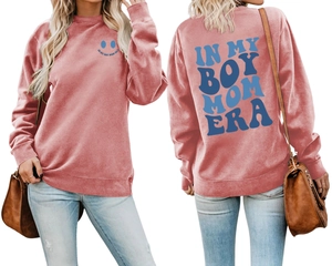 Front and back view of dusty rose sweatshirt featuring In My Boy Mom Era blue print