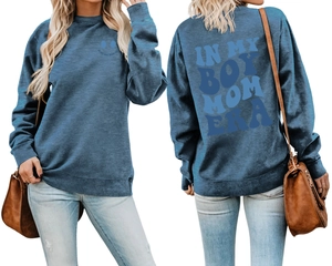 Detailed front and back view of Navy Blue Boy Mom Era sweatshirt with white graphic print