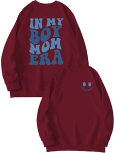 Front and back detail of burgundy crewneck sweatshirt with blue boy mom era lettering