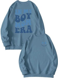 Detailed view of the double-sided print on blue crewneck sweatshirt for moms