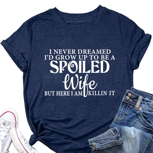 Detail of navy blue cotton t-shirt with white letter print and casual denim shorts