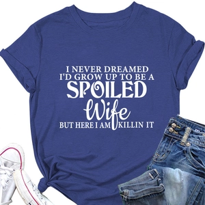 Flat lay of a blue cotton T-shirt with white graphic letter print and crew neck