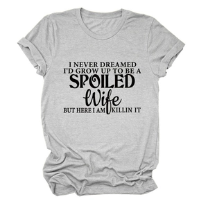 Detail of grey crew neck T-shirt featuring bold black humor letter print on soft fabric
