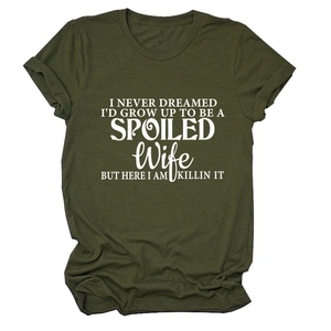 Close-up of the white printed slogan on olive green crew neck cotton short sleeve T-shirt