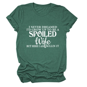 Detail of Heather Green cotton blend T-shirt featuring white slogan graphic print