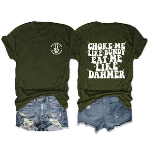 Detail of double-sided print on olive green short sleeve cotton t-shirt with graphic art