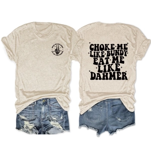 Front and back detail of oatmeal T-shirt with vintage black graphic prints