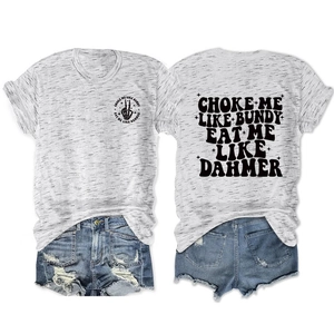 Flat lay of heather grey t-shirt with dual-side vintage skull and text graphics