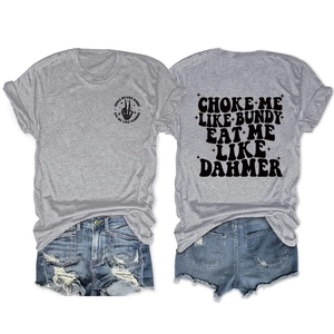 Front and back view of gray graphic T-shirt with distressed denim shorts set