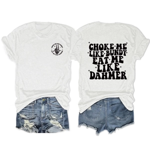 Detailed front and back view of white printed T-shirt with blue distressed denim shorts