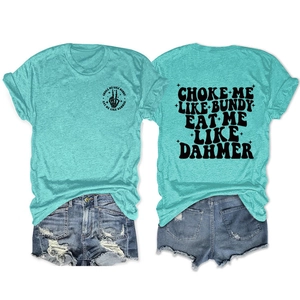 Front and back view of blue T-shirt with black artistic text print and hand gesture design