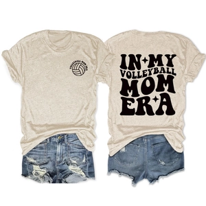 Beidseitiger Vintage-Volleyball-Mom-Print auf hafermehlfarbenem Baumwoll-T-Shirt